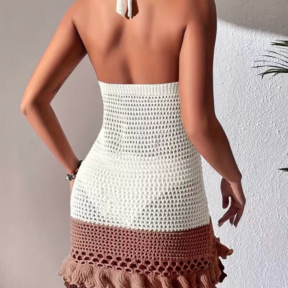 NEW- Crochet bathing suit cover - dress halter top style Large- cream color only - Picture 2 of 6